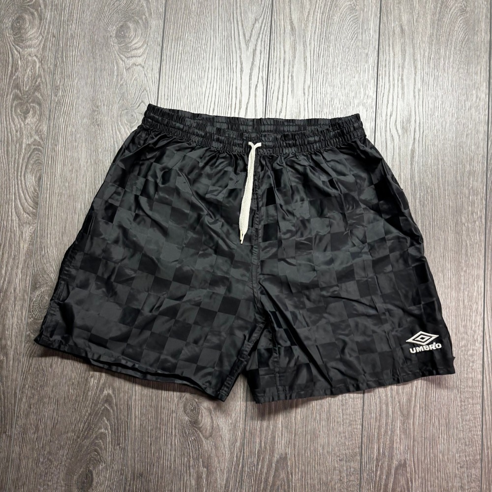 Vintage Umbro Black Checkered Soccer Shorts Mens Large Damask Athletic Retro